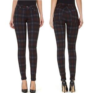 NWOT Numero Ponte Knit Mid Rise Plaid Skinny Jeans 27 Black Burgundy Gray